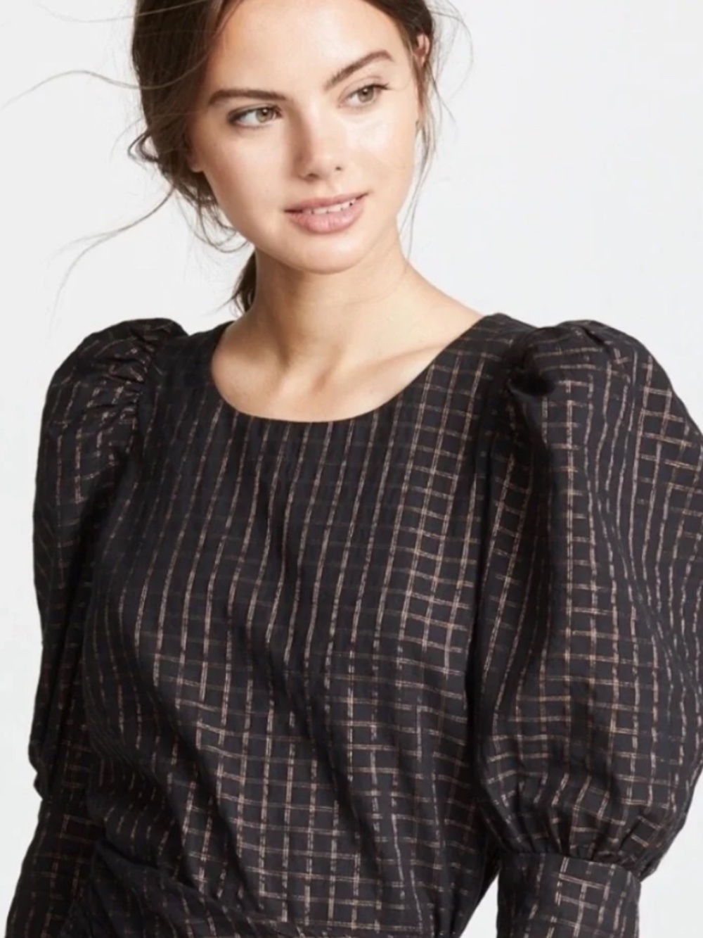 Mes Demoiselles Black/Gold Brown Puff Sleeve Grid Blouse 36 Metallic Feminine